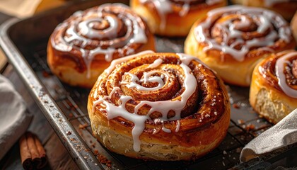 Close Up of Warm Cinnamon Rolls with Cream Cheese Icing on Baking Sheet