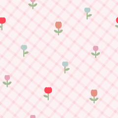 Tulip vector pattern, seamless repeating background, flat illustration. Pastel flower pattern with icons, floral wallpaper design for cards, fabric, wrapping, textiles, wallpaper, and stationery.