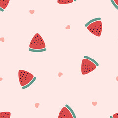 Watermelon and heart cartoon seamless pattern minimalistic doodle. Healthy food and fruit abstract background. Vector for wallpaper, clothing, wrapping, fabric, stationery, and phone cases.