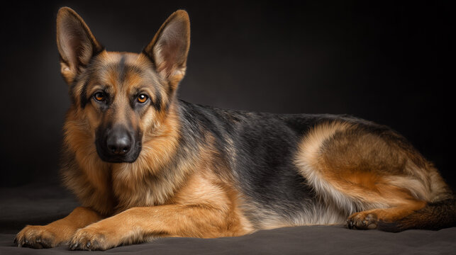 Regal German Shepherd portrait exudes loyalty and intelligence, capturing the noble breed's grace and watchful gaze, ideal for pet lovers and animal themes