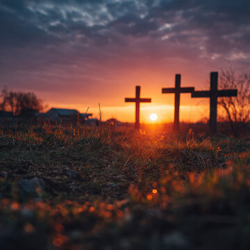 Beautiful sunset over rural landscape with silhouettes of crosses creating peaceful spiritual scene and tranquil outdoor scenery during evening twilight with vibrant sunset sky