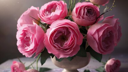 Fototapeta premium Stunning close-up of vibrant pink roses in a luxurious vase, perfect for adding elegance and romance to any design project.