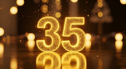 Celebratory Number Thirty Five Glowing Gold Sparkling Light Display for Anniversary or Milestone Celebration