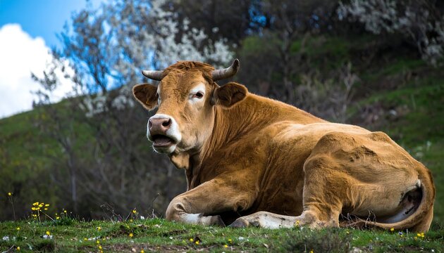 Brown cow with horns resting on a grassy hillside