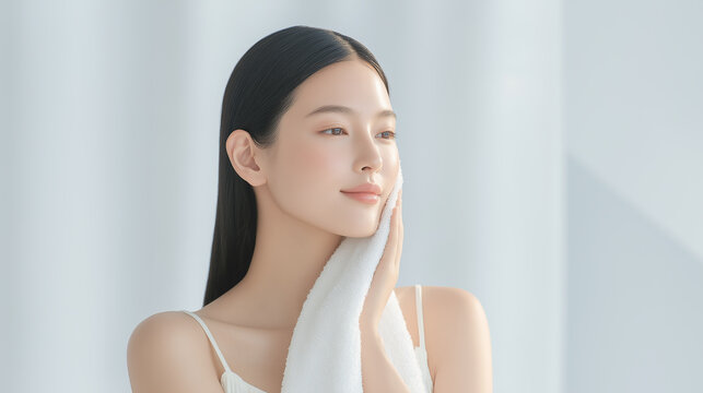 洗顔後にタオルで顔を拭く美しい日本人女性：美容広告に
