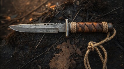 post apocalyptic world Rustic knife resting on dark soil, showcasing its textured blade and wrapped handle.