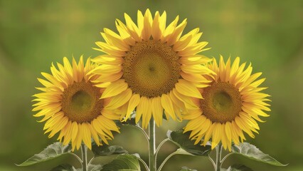 Obraz premium Vibrant trio of sunflowers bathed in warm sunlight, showcasing bright yellow petals and intricate seed heads against a soft green backdrop, perfect for summer themes.