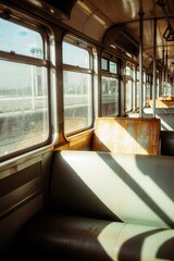 Empty vintage train car interior with natural light and old seats creating a sense of past travel and solitude