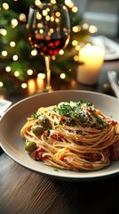 Delicious pasta dinner with red wine cozy restaurant setting gourmet food photography evening ambiance close-up view