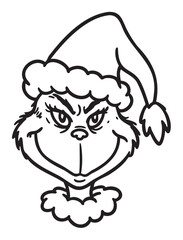 Black outline drawing of a grinning character wearing a fluffy santa hat, with mischievous eyes and a tufted collar.