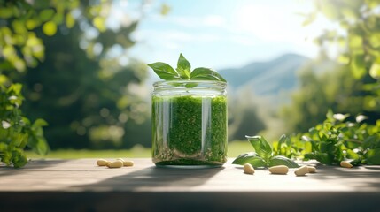 Creating fresh basil pesto outdoor kitchen food photography natural light close-up culinary delight