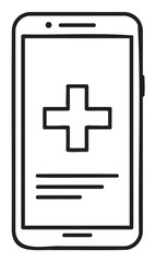 Obraz premium Minimalistic black outline drawing of a mobile phone displaying a medical cross, suggesting healthcare or emergency access.