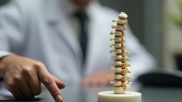 Doctor pointing at spinal model to explain back pain diagnosis and treatment