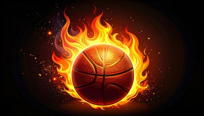 An illustration depicts a basketball engulfed in vibrant flames against a dark background. Fiery effects and sparks enhance the visual drama
