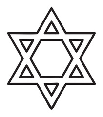 Black outline vector icon of the star of david with a hexagon at the center, featuring intersecting triangles in a minimalist design.