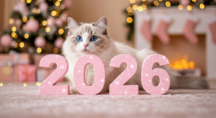 Ragdoll cat with bright blue eyes lying behind pink 2026 numbers in a cozy, festive Christmas setting.
