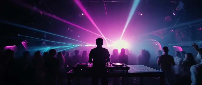 Wide nightclub scene with DJ silhouette and neon lasers on dark stage. Nightlife promo banner for music events and club marketing with copy space
