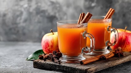 Two glasses of apple cider with cinnamon sticks on a wooden board beside apples and star anise - Powered by Adobe