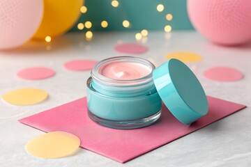 Cosmetic Cream Display: Turquoise Jar with Pink Moisturizer on Pastel Surface and Decorative Lights
