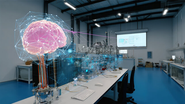 An artistic representation of a brain superimposed on a lab environment, showcasing technological innovation