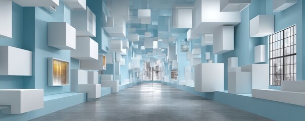 Modern interior with creative cubic design and blue and white color scheme