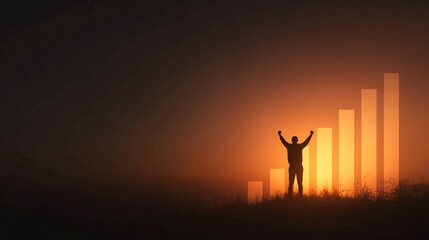 Silhouette of a triumphant person with arms raised stands on a grassy hill against a vibrant orange sunset, symbolizing success and growth with a rising bar graph overlay.