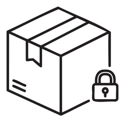 Simple black outline icon of a closed cardboard package with a secure lock symbol on the front, representing secure shipping or delivery.