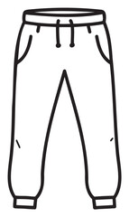 Black outline vector icon of simple sweatpants with drawstring and pockets. minimal linear illustration for casual and sportswear fashion concepts.