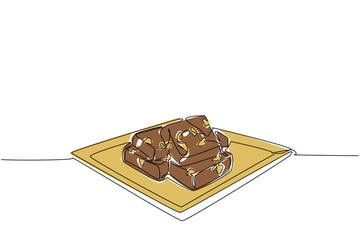 Single continuous line drawing pile of nutty fudge on a square wooden plate. Favorite snack for kids. Sweet taste. Nutritious. Delicious. National Nutty Fudge Day. One line design vector illustration