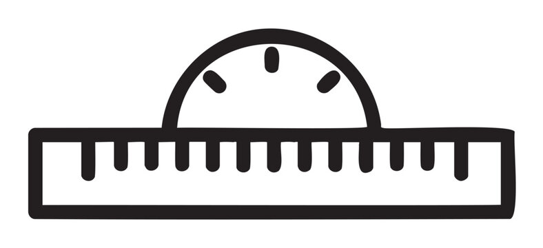 Black outline vector icon of a simple protractor combined with a straight ruler. minimal design for educational, mathematical, and measurement concepts.