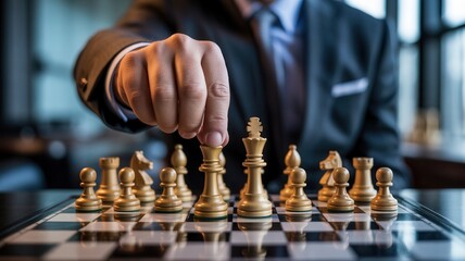 Strategic businessman makes decisive move on chessboard planning victory in modern office setting