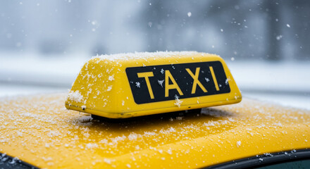 Yellow taxi snow road, winter transportation and urban commute during snowfall