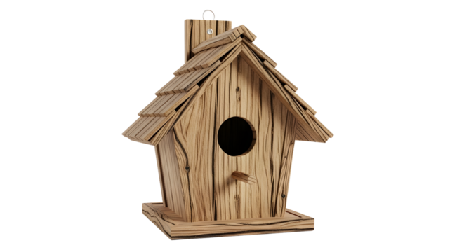 Wooden Birdhouse with Shingled Roof and Circular Entrance on White Background
