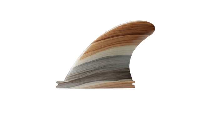 Wooden Shark Fin Sculpture with Smooth Curves and Natural Finish on White Background
