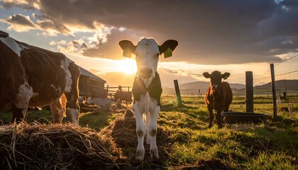 A captivating sunset bathes a rural farm scene, highlighting a calf in the center, with other cows and a barn. The dramatic sky adds depth