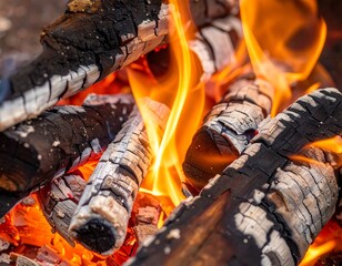 Burning wood logs with flames