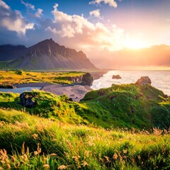 Icelandic Vista - Coastal Mountains, Green Fields, and Golden Sunset.
