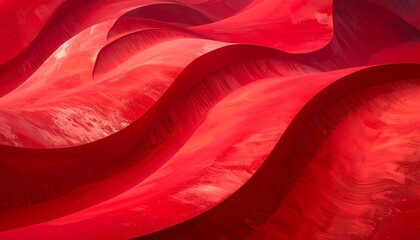 Abstract, flowing, crimson forms dominate the scene. The shapes evoke waves or fabric, creating depth and texture in rich, saturated hues
