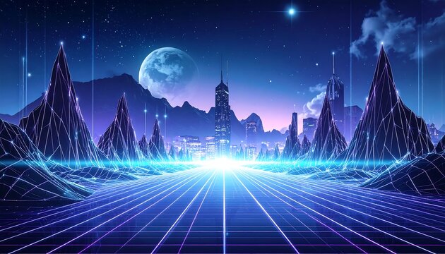 A futuristic neon landscape with mountains, a city, a grid, and a celestial body creating an otherworldly sci-fi scene