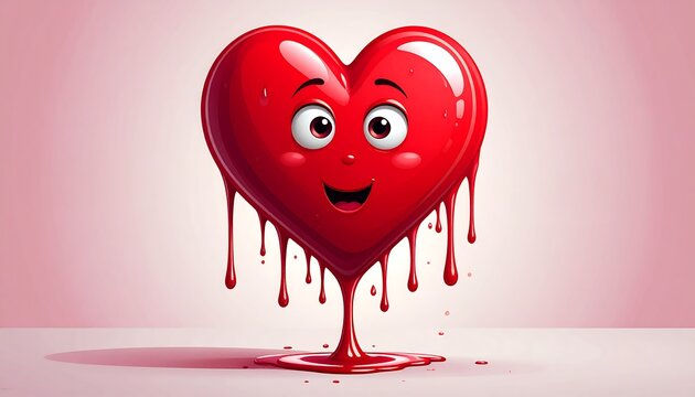A cartoon red heart with facial features and dripping blood, smiling. Background is light pink - Powered by Adobe