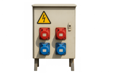Industrial electrical power distribution box with warning sign