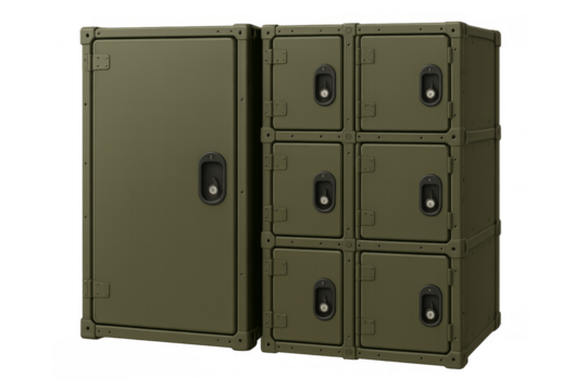 Military style storage lockers security equipment on transparent background