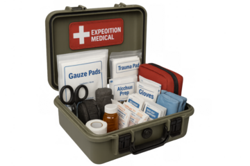 First aid kit with medical supplies on transparent background
