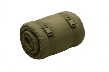 Rolled olive green sleeping bag on transparent background