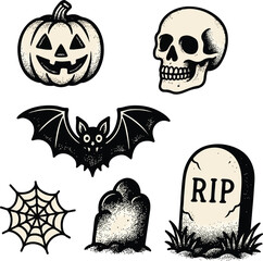 Fototapeta premium Collection of vintage halloween icons including pumpkin skull bat spiderweb and tombstones