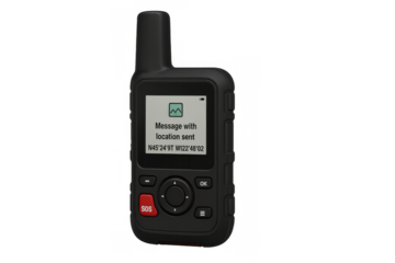Handheld satellite messenger sending sos emergency location message