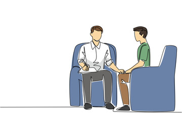 Continuous one line drawing a man holding a clipboard while holding the hand of a man next to him. Care. National Mental Health Provider Appreciation Day. Single line draw design vector illustration