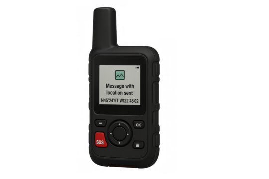 Handheld satellite messenger sending sos emergency location message