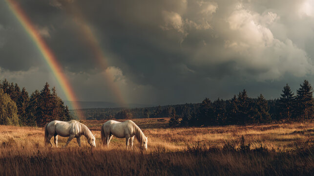 Two white horses graze peacefully under a rainbow in a picturesque meadow with dark cloudy skies. The scene exudes a sense of tranquility and natural beauty