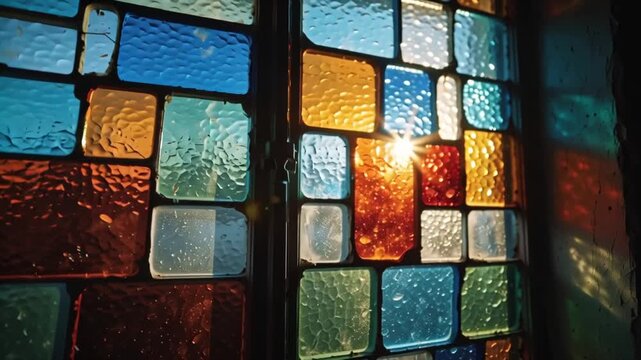 Close-up of stained glass window with sunlight streaming through colored squares